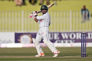 | Photo: AP/Anjum Naveed : Pakistan vs Bangladesh 1st Test Day 2: Bangladesh's Zakir Hasan follows the ball after playing a shot for boundary against Pakistan